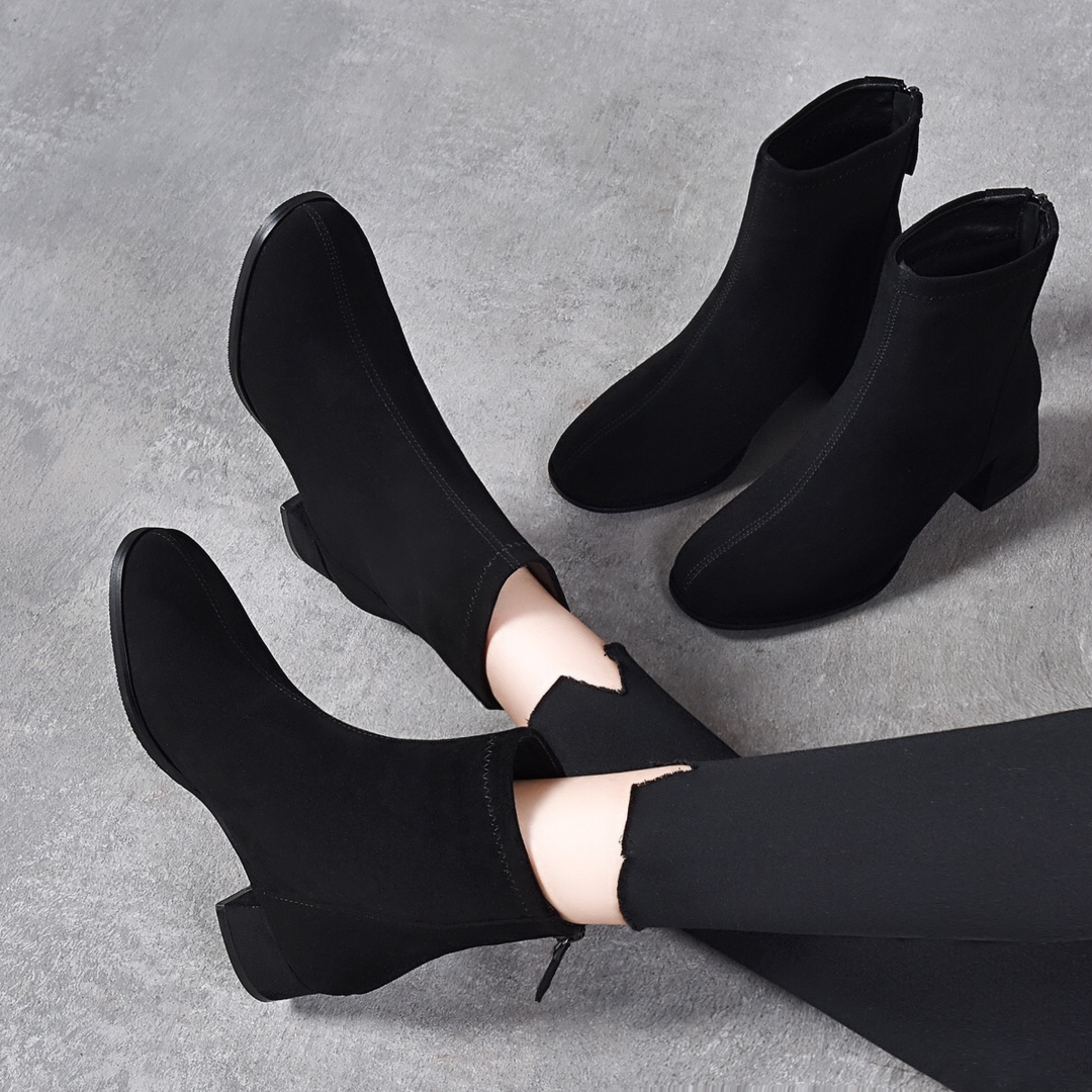 磨砂瘦瘦秋冬季后拉链粗跟短靴圆头明星同款百搭鞋子真皮百搭单靴