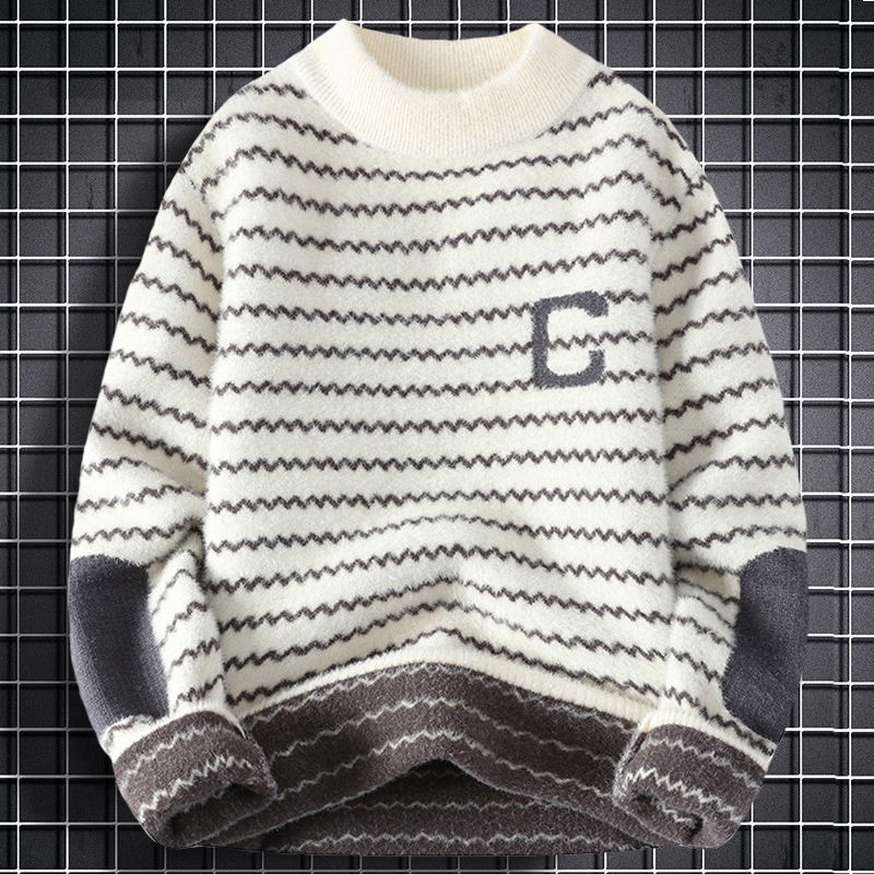 青少年水貂绒毛衣男加绒加厚秋冬季初中高中学生半高领保暖打底衫