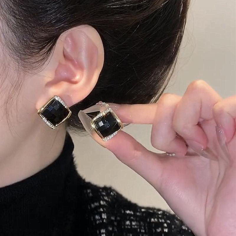 925银耳饰法式耳钉小钻黑色锆石几何菱形耳饰轻奢耳环小众设计感