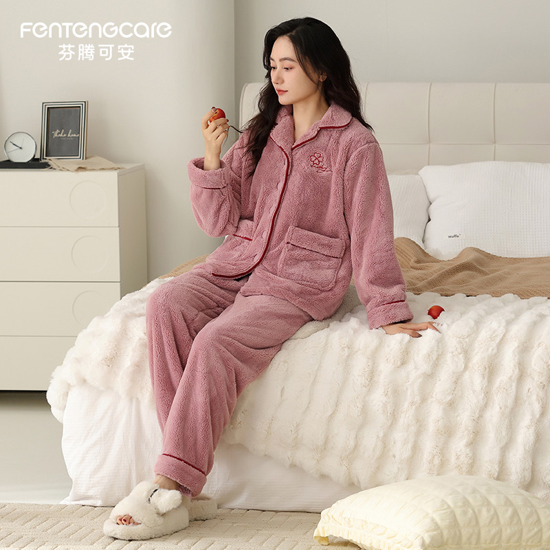 芬腾可安冬季珊瑚绒女士睡衣长袖2025年新款加厚保暖法兰绒家居服