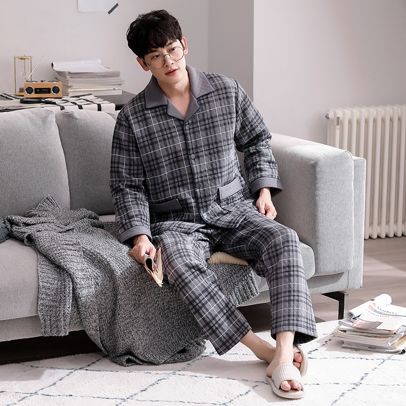 芬腾可安空气棉夹层男士睡衣秋冬季休闲可外穿格子大码家居服套装