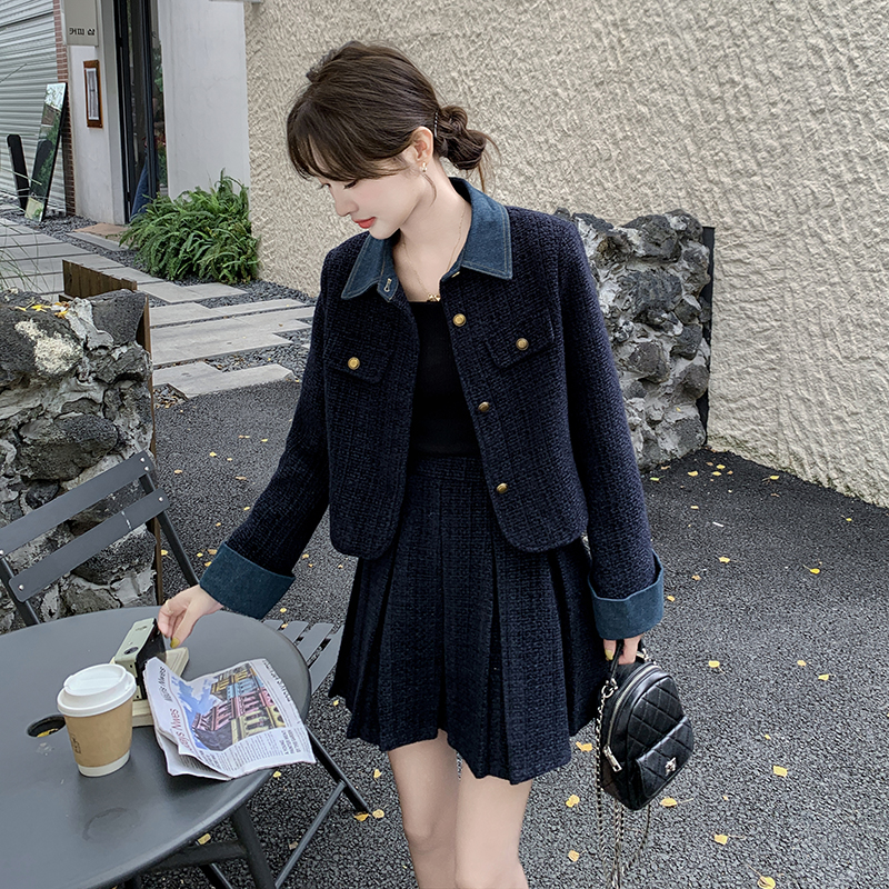 牛仔拼接粗花呢小香风套装裙女秋季2024新款气质名媛百褶裙两件套