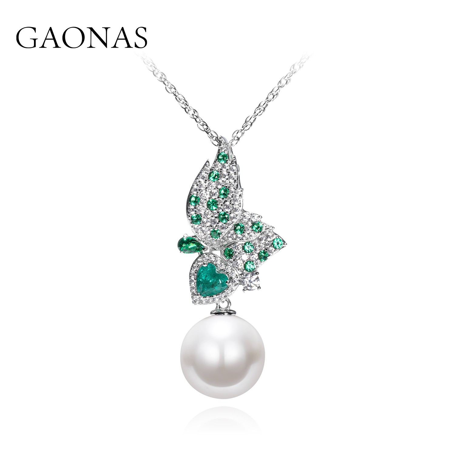 GAONAS 坠链均925银仿珍珠  高纳仕镶嵌绿蝴蝶珠项链 ZGX121866