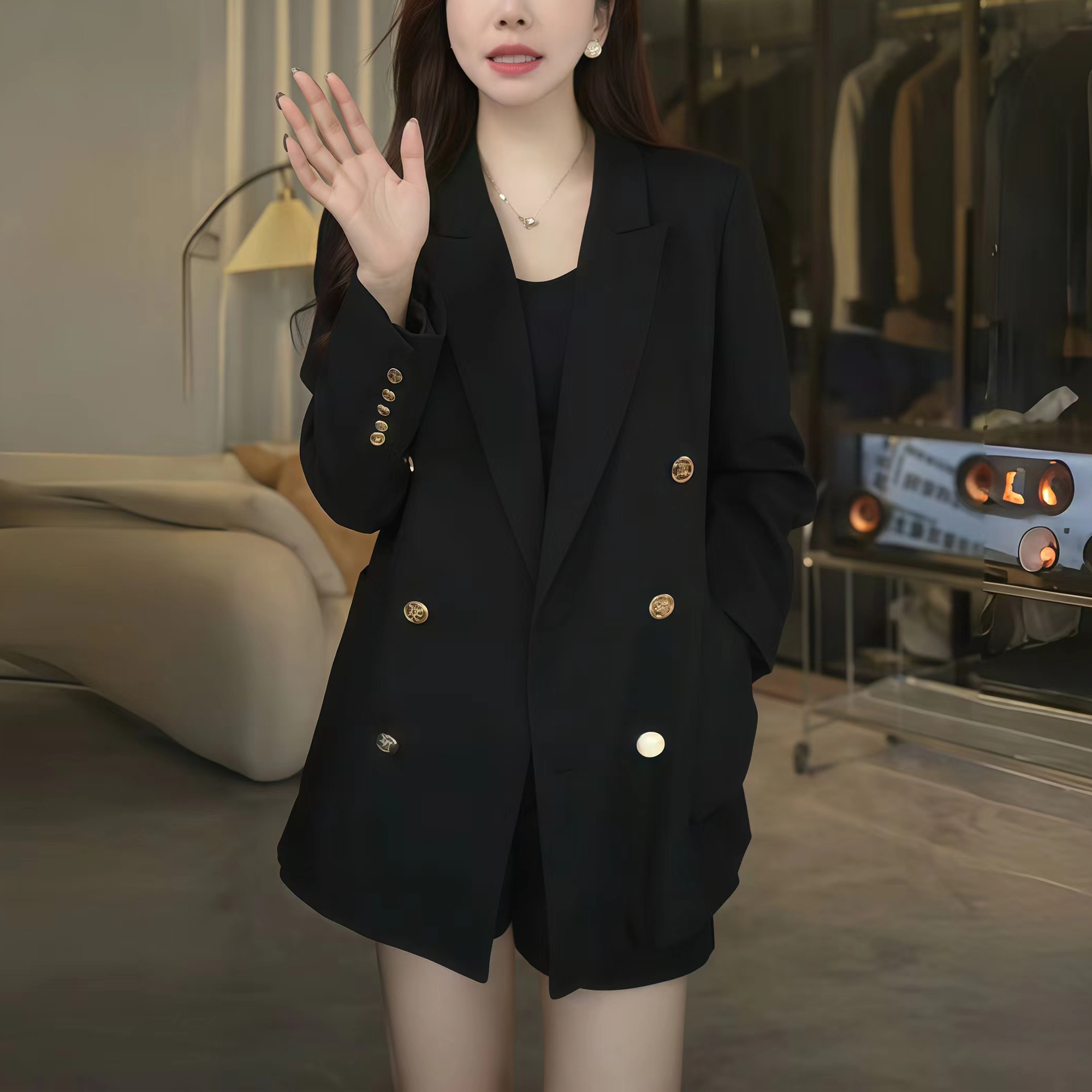 秋季时尚网红中长款气质显瘦韩版西装外套黑色百搭设计感双排扣
