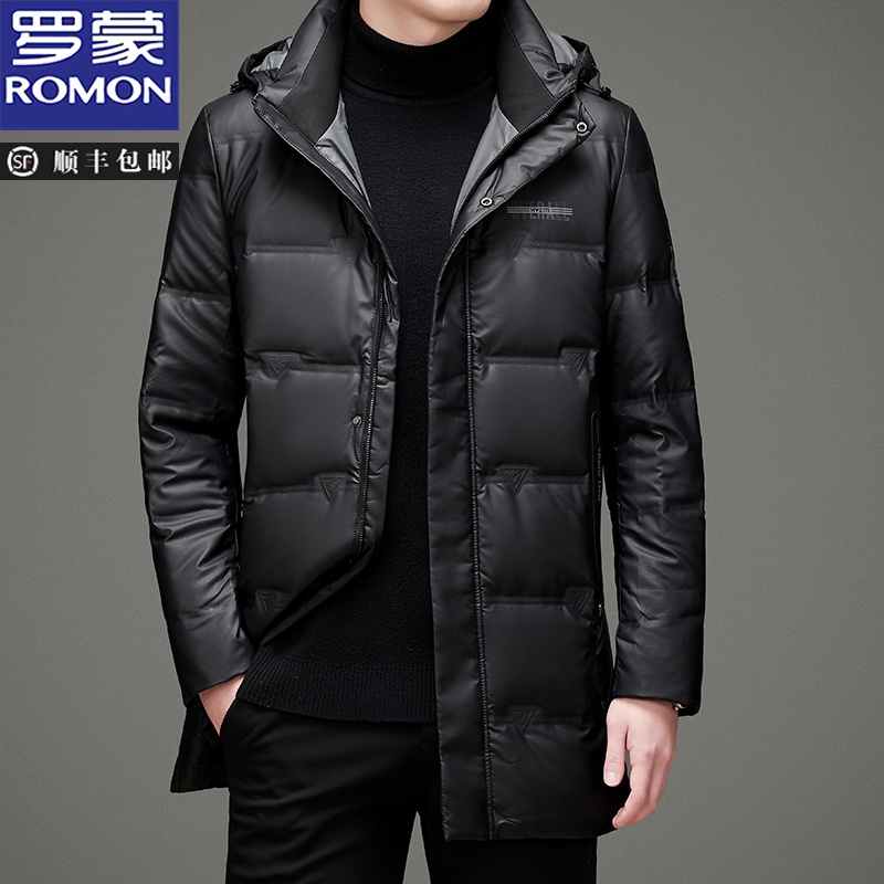 罗蒙免洗羽绒服男士中长款冬季休闲加厚亮面可拆卸帽保暖外套潮流