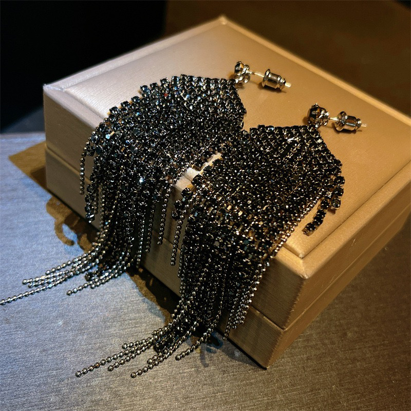 合金耳饰 高级感重工耳饰个性夸张瀑布流苏黑色长耳环显脸瘦耳饰