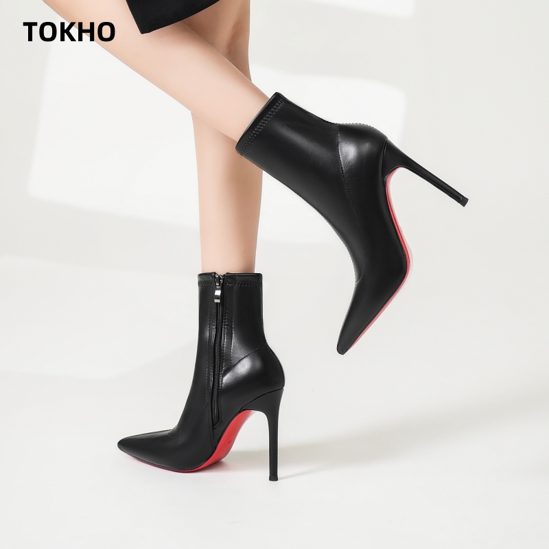 【TOKHO】尖头红底高跟短靴女秋冬加绒保暖细跟拉链弹力靴黑色百搭