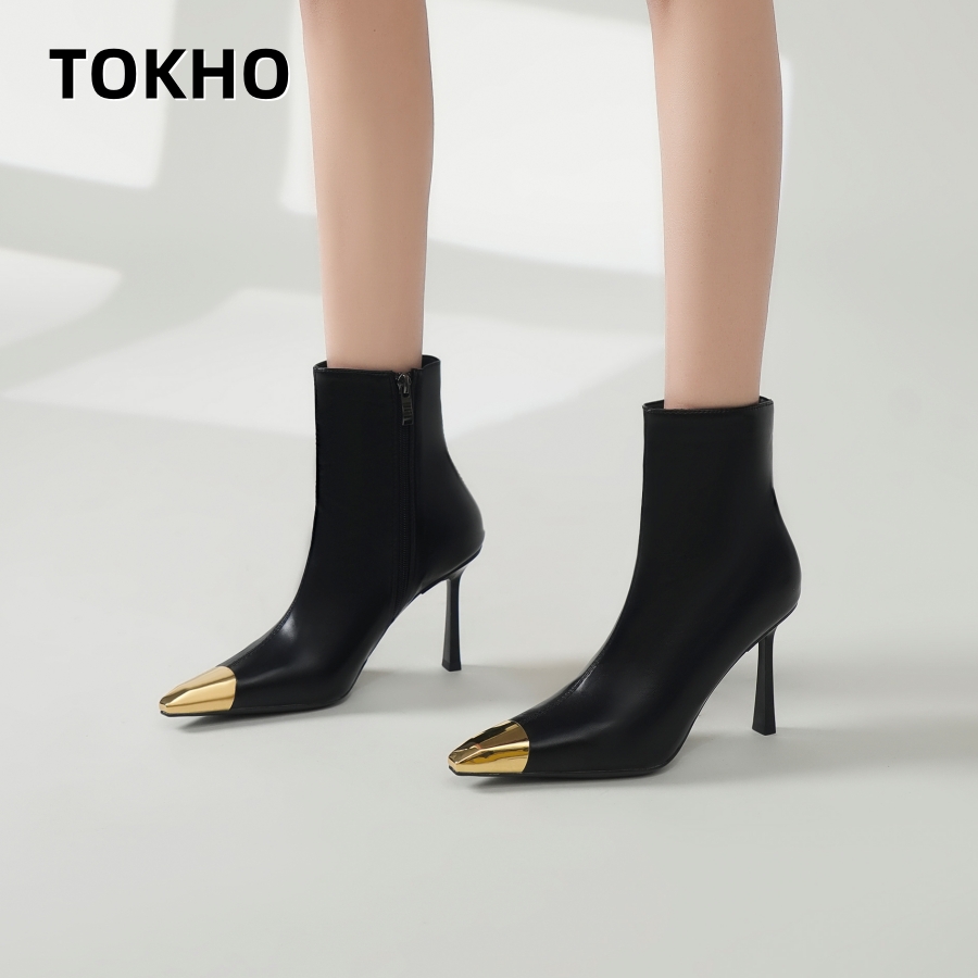 【TOKHO】金属小方头马丁靴气质高跟短靴靴子加绒保暖法式洋气裸靴
