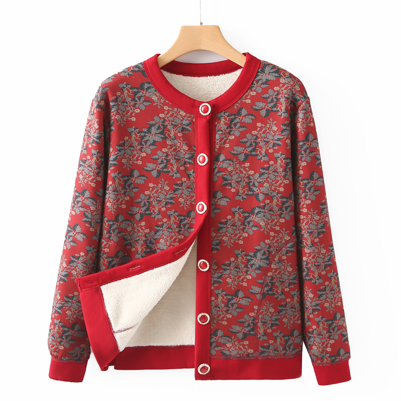 奶奶秋加绒外套女大码妈妈上衣老太太开衫保暖衣冬装老年人衣服