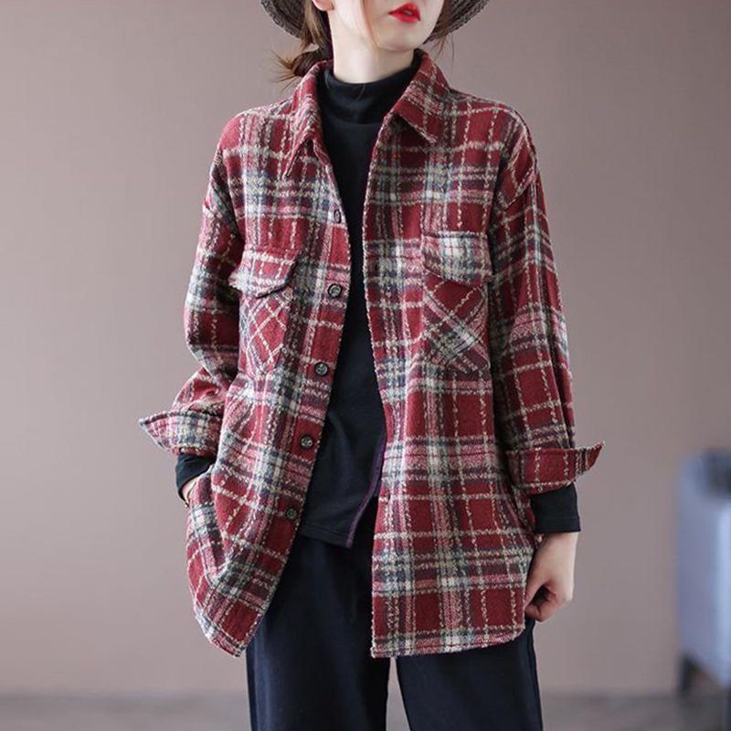 时尚磨毛格子衬衫外套女2025春秋新款设计感衬衣中长款宽松上衣