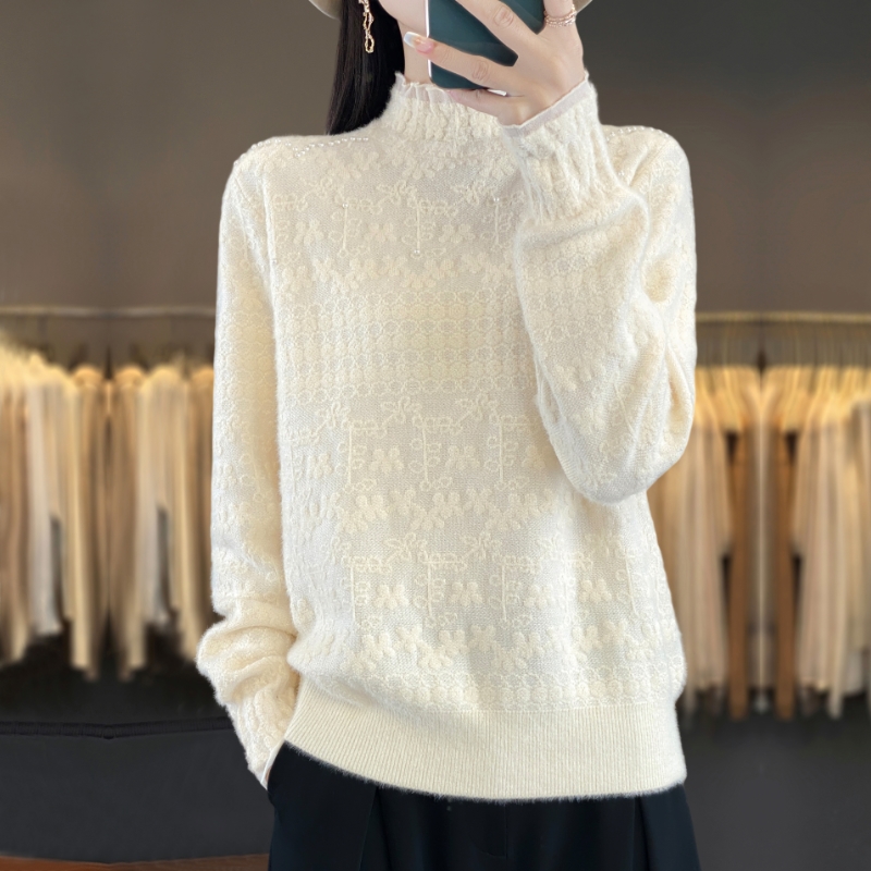 微胖mm秋冬大码半高领女士毛衣爆款内搭可外穿蕾丝上衣针织打底衫