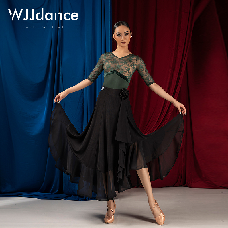 WJJdance摩登舞大摆裙女2025新款侧腰立体花飘带国标舞鱼骨半身裙