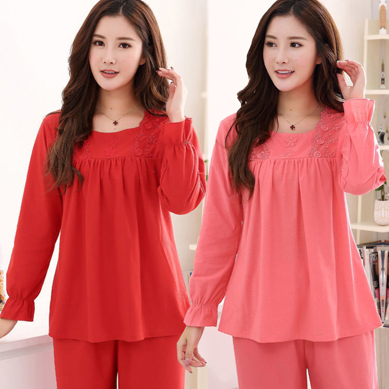 睡衣女春秋长袖中青年妈妈纯色棉质薄款宽松大码长裤家居服套装