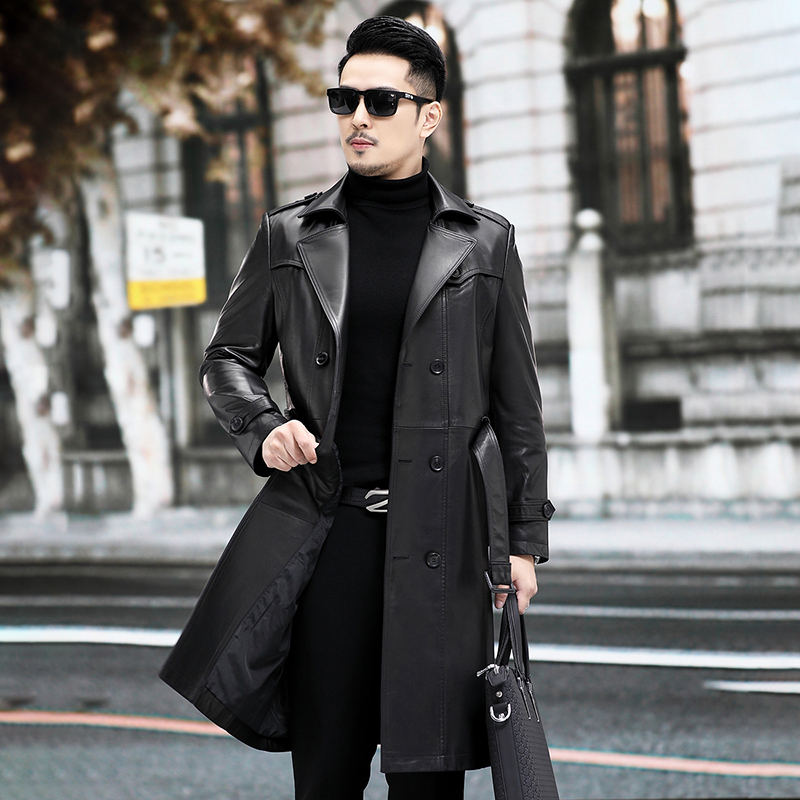 老爷车秋冬高档男士皮衣长款过膝保暖机车款皮风衣加绒加厚皮大衣
