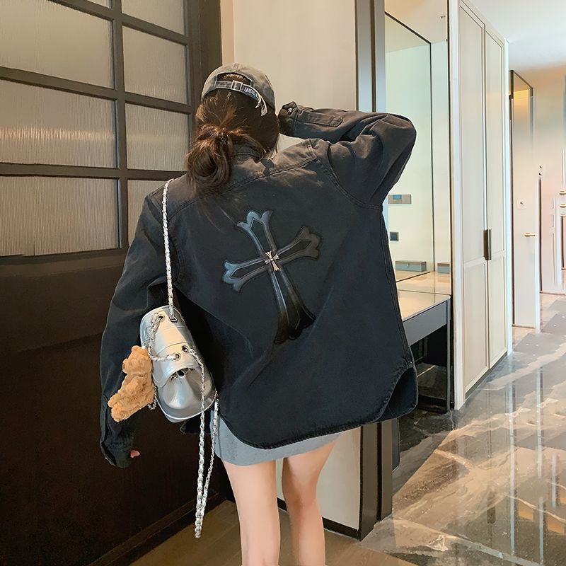 水洗黑拼皮牛仔衬衫女春季2024年新款宽松设计感小众长袖衬衣外套