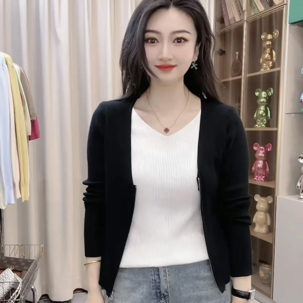 【180斤可穿】春秋新款假两件开衫女装拼接时尚显瘦长袖针织衫LL