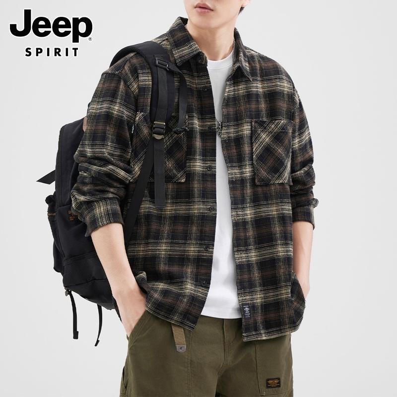 Jeep吉普男士纯棉格子长袖衬衫春秋新款美式潮牌宽松工装衬衣外套