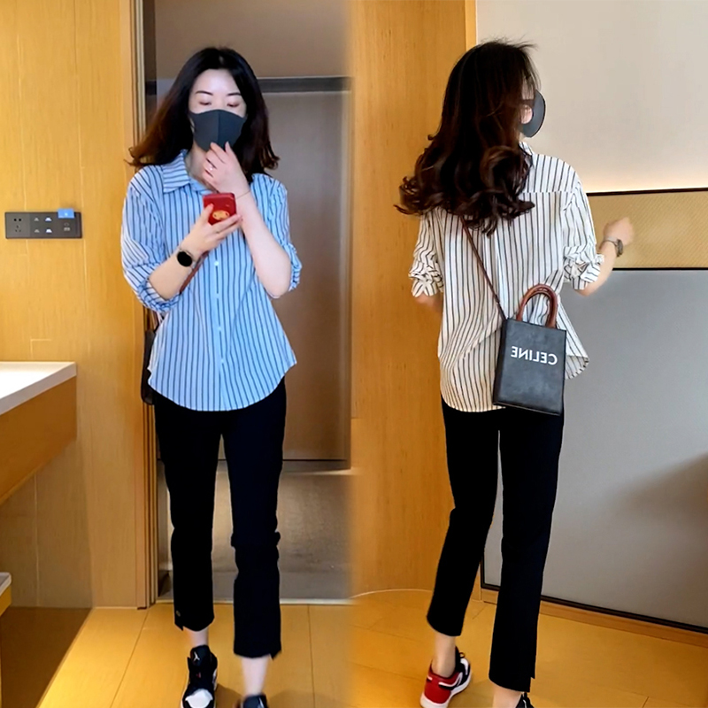 轻熟风套装女装港味时尚气质百搭条纹衬衫设计感九分休闲裤两件套