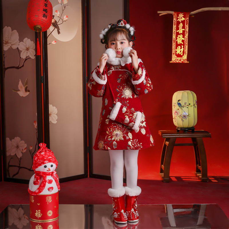 拜年服女童汉服冬款夹棉加厚国风过年服唐装旗袍裙女宝宝连衣裙