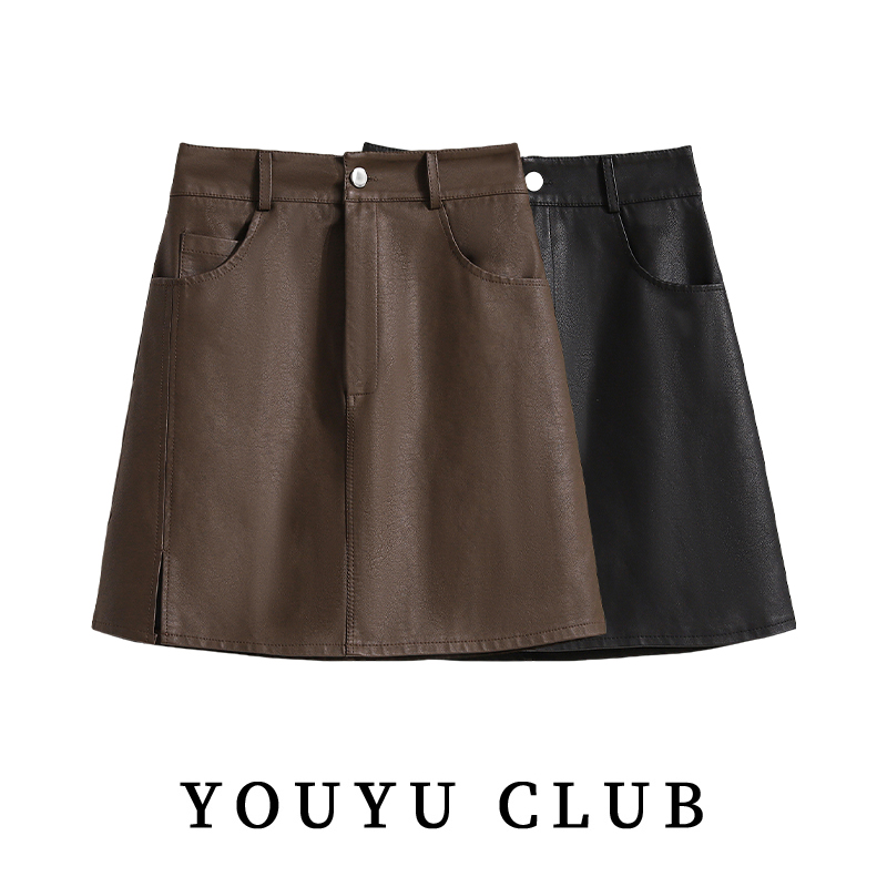 胖mm小皮裙半身裙女2025秋季新款咖啡色短裙高腰遮跨A字包臀大码