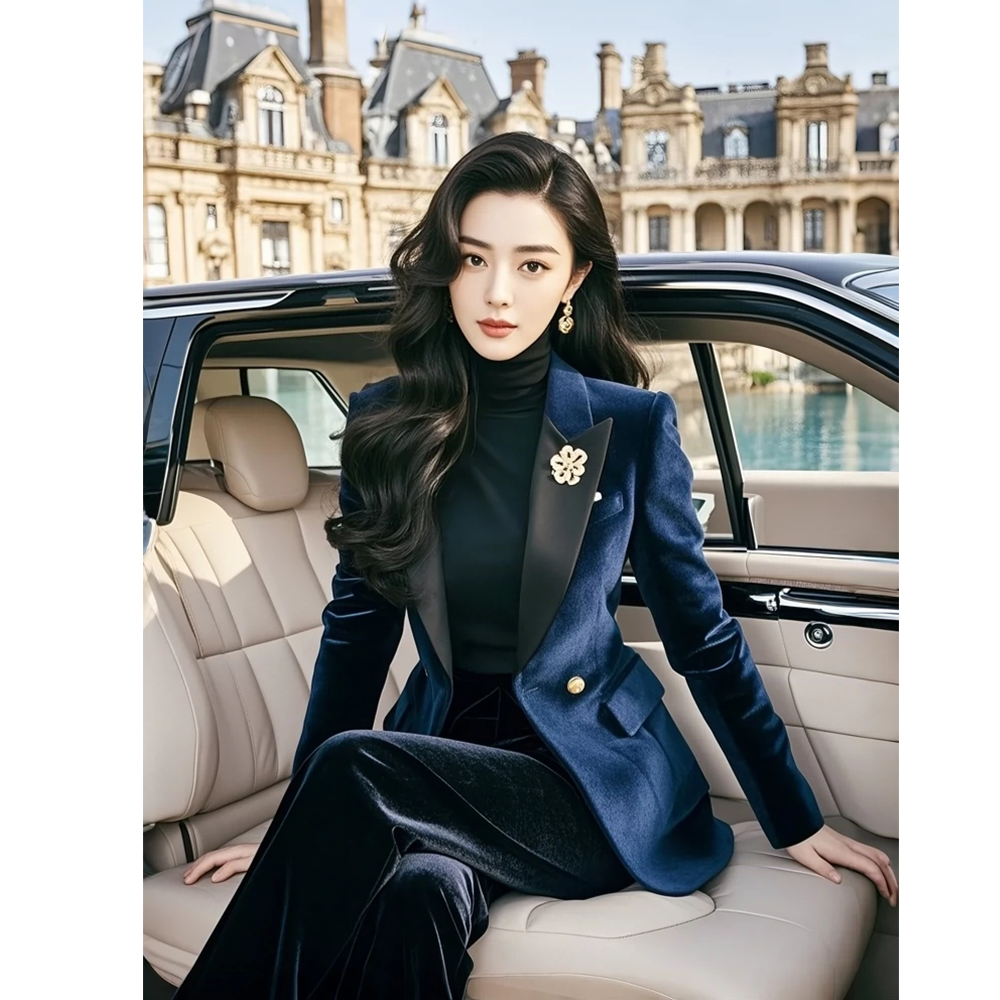 一整套秋冬穿搭法式高级感气质职业小香风蓝色丝绒外套裤子套装女