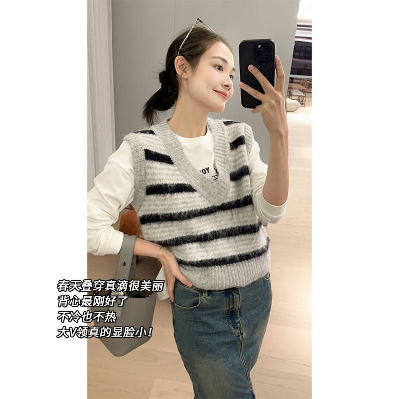 【特卖捡漏】美洋MEIYANG斑马线 法式条纹V领宽松秋冬马甲背心/开衫