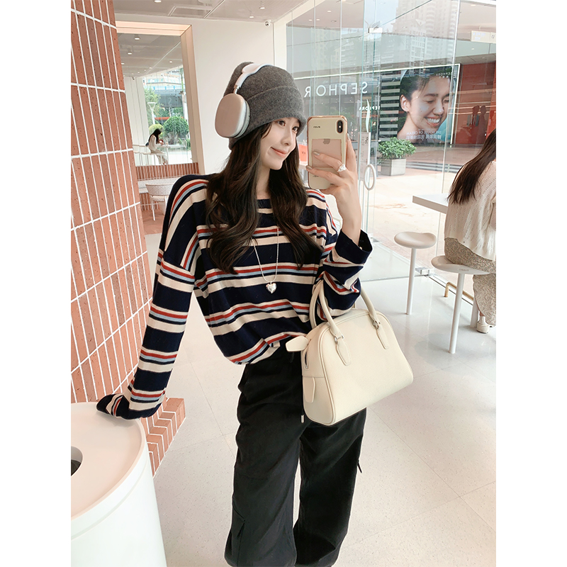 美洋MEIYANG 三色堇针织衫 羊绒混纺|条纹宽松圆领长袖上衣