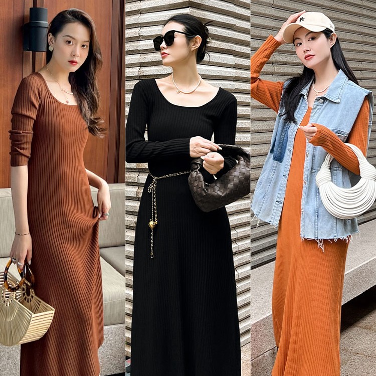 【现货】美洋MEIYANG 梦中情人连衣裙 纯色大u领长袖中长款针织裙