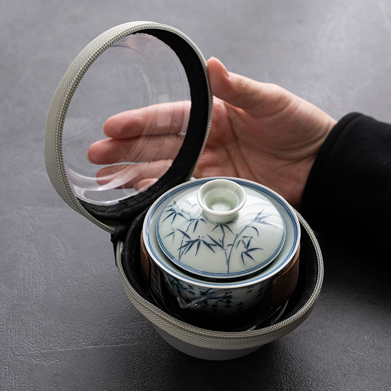 匠迷复古青花文竹一盖碗两杯旅行茶具简约家用泡茶器釉下彩贴花款