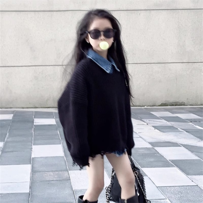 2025秋冬女童韩版宽松毛衣女中大童设计感网红炸街加厚圆领针织衫