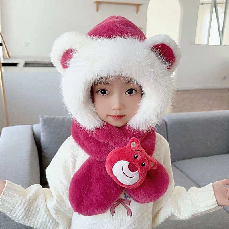儿童毛绒帽子围巾一体帽秋冬季男童护耳帽女童宝宝可爱卡通两件套