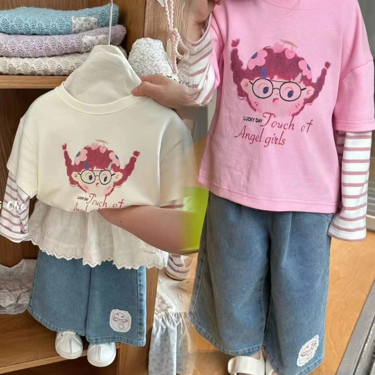 秋季女童新款圆领长袖设计感女孩印花T恤拼接条纹袖春秋款打底衫