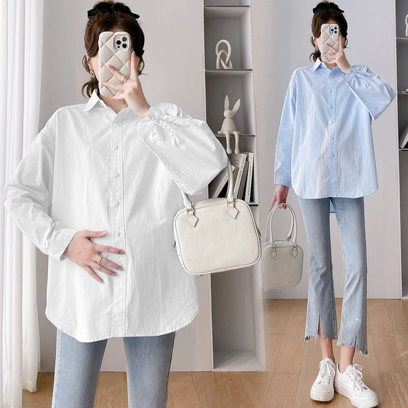 肖晓笑孕妇装新款春长袖衬衣大码宽松孕期上班休闲遮肚衬衫棉上衣