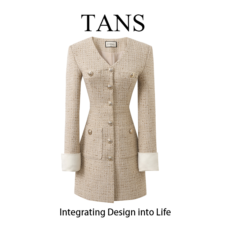 现货 TANS【秋季新品】杏色黑色小香风连衣裙女秋冬气质名媛裙子