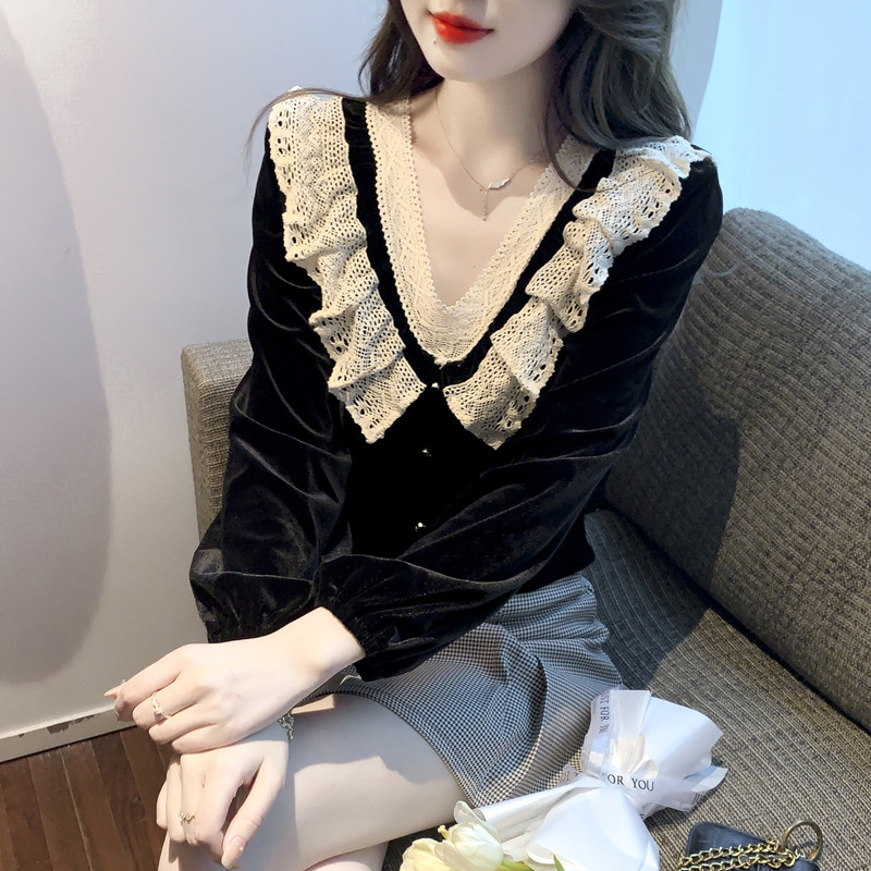 2025年春季新款v领蕾丝花边丝绒上衣女装设计感小众短款衬衫长袖