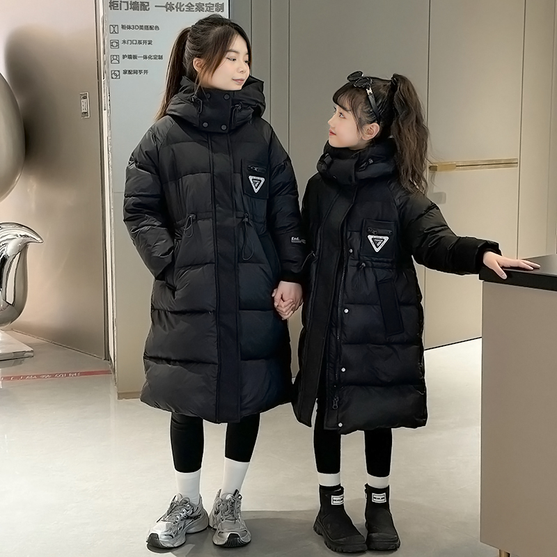 女童加长款棉衣2025新款收腰修身过膝大童亲子装棉服儿童冬装棉袄