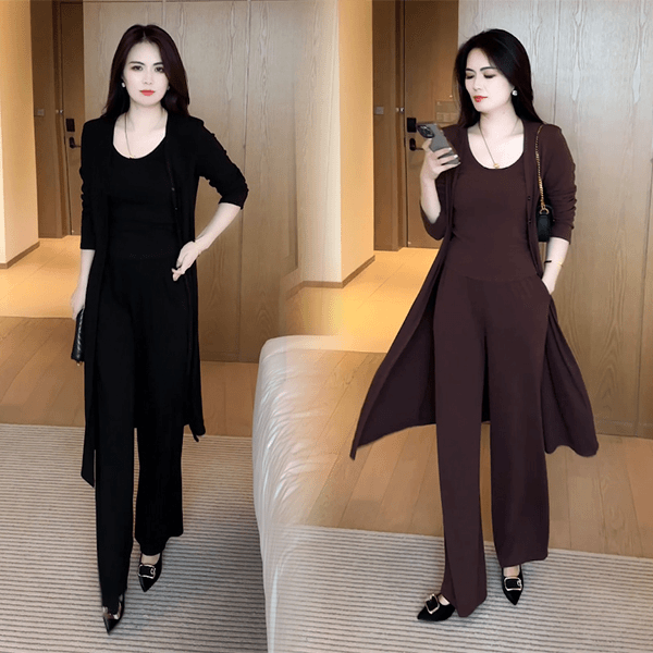 秋季新款针织三件套气质显瘦时尚洋气减龄套装修身长款