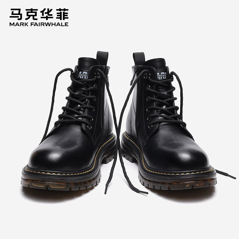 马克华菲马丁靴男款春季黑色英伦风高帮男鞋真皮工装情侣靴子皮靴