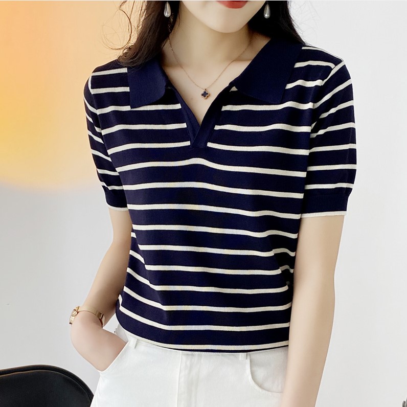 夏季新款短袖T恤女V领夏季新款Polo衫韩版半袖短款修身显瘦百搭