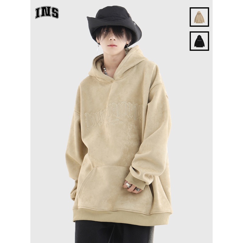 INSstudios国潮情侣美式哥特字体LOGO刺绣仿麂皮绒加绒连帽卫衣