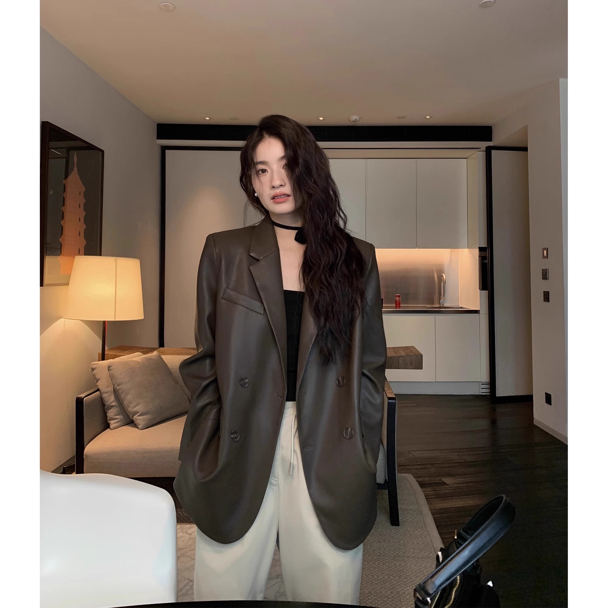 2025秋季新款黑色复古PU皮衣西装外套女宽松休闲气质高级感上衣女