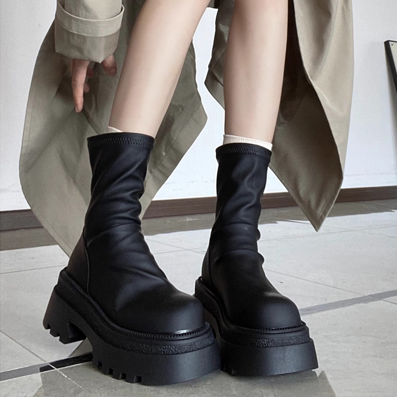 英伦风靴子新款夏季复古出游百搭春秋小个子粗跟厚底弹力靴瘦瘦靴