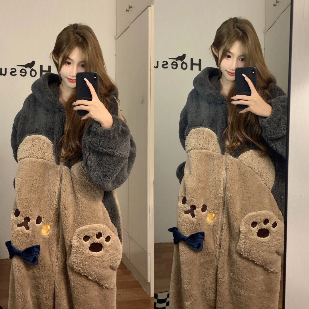 少女可爱连帽珊瑚绒连体睡衣女冬季新款加绒加厚居服毛绒家居服