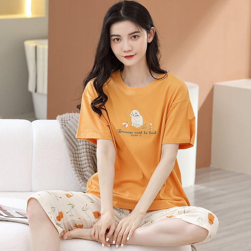 短袖七分裤睡衣家居服女夏季可外穿时尚简约休闲纯棉睡衣女套装