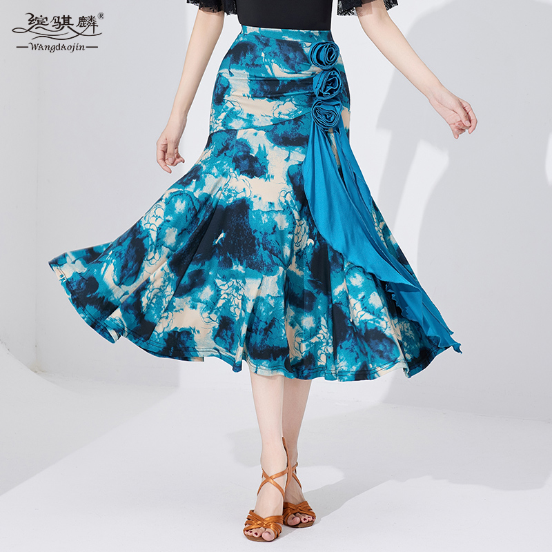 摩登舞裙专业国标舞半身裙花朵飘带拉丁舞裙高端印花交谊舞演出裙