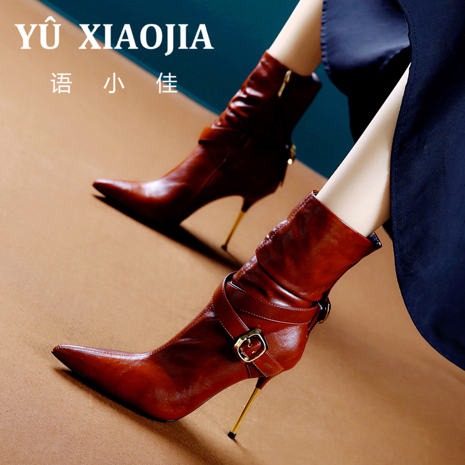 10CM[已开价]欧美超高跟马丁靴女秋冬季洋气百搭尖头细跟短靴9918