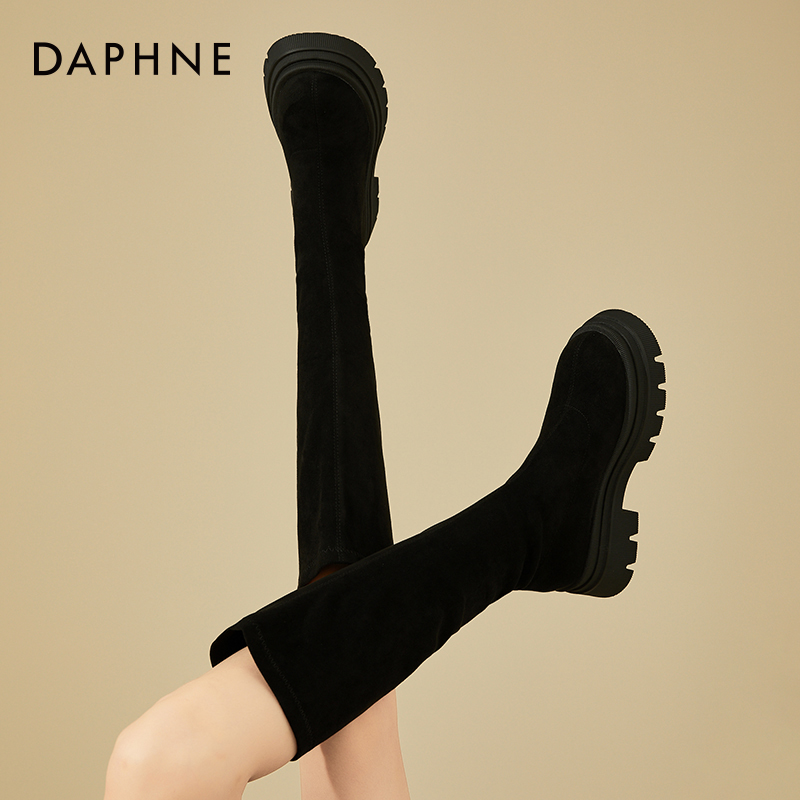 达芙妮长筒靴女2025新款秋季绒面弹力瘦瘦靴小个子不过膝厚底靴子