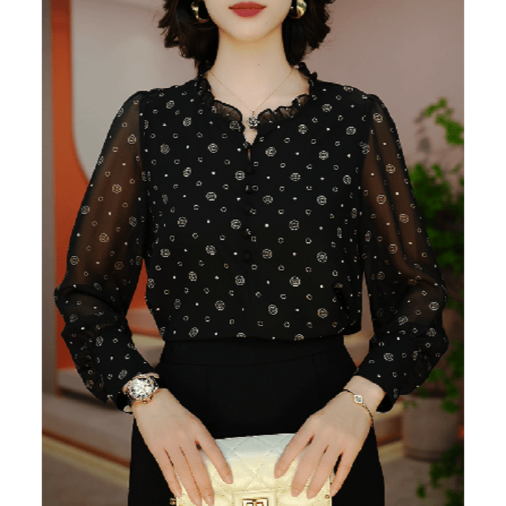 春秋高端长袖时尚上衣女显瘦显白百搭印花圆领减龄小衫