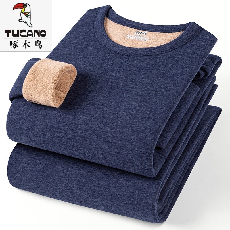 啄木鸟冬季保暖内衣套装男士中老年加绒加厚防寒秋衣秋裤打底衫男