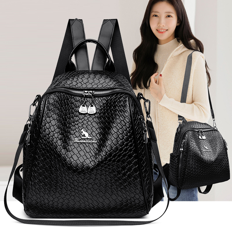 威森袋鼠大容量双肩包女软皮编织中年妈咪出行背包多用大容量女包